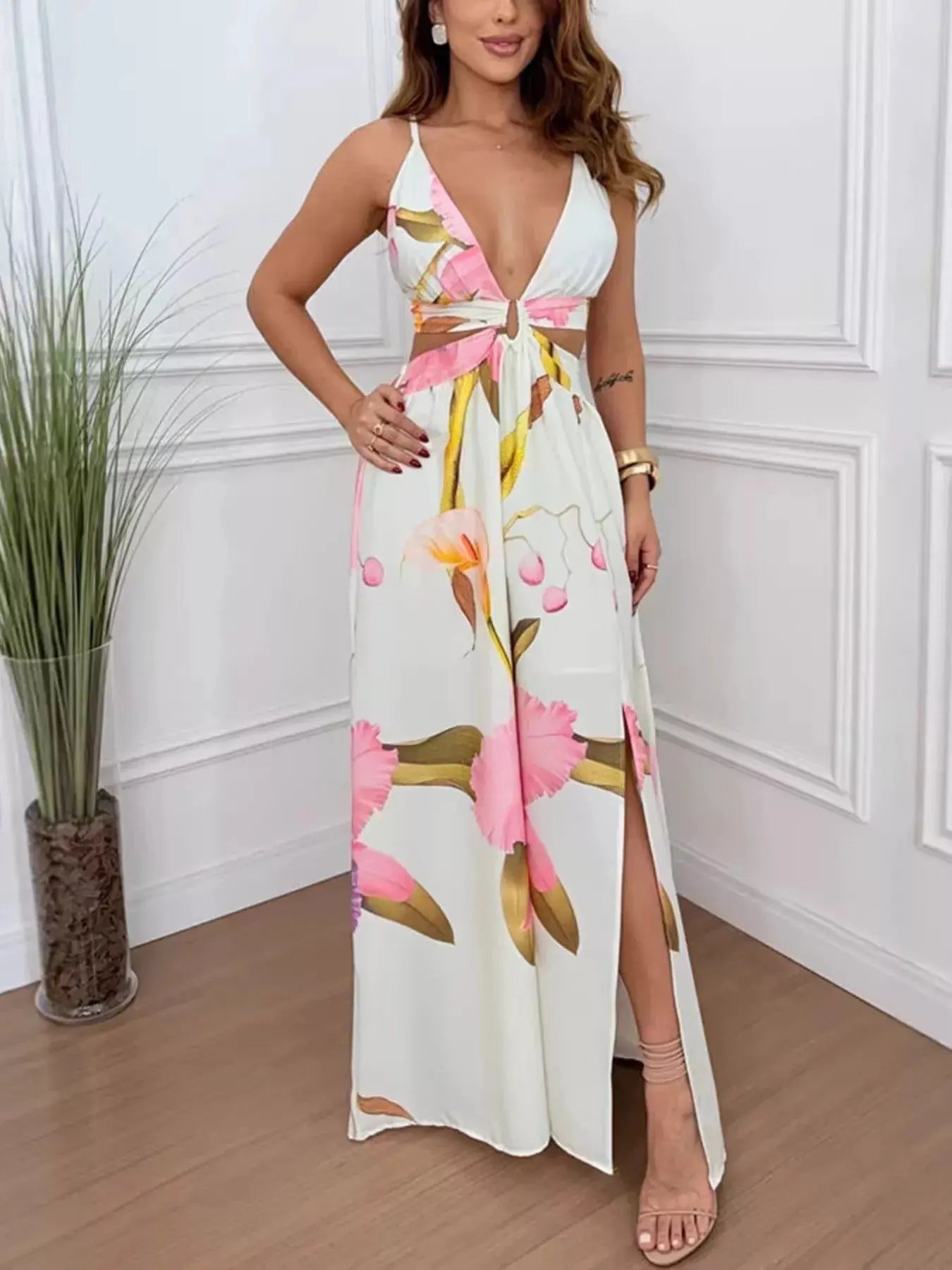 Tropical Print Plunge Cutout Maxi Dress with Slit Trendsi