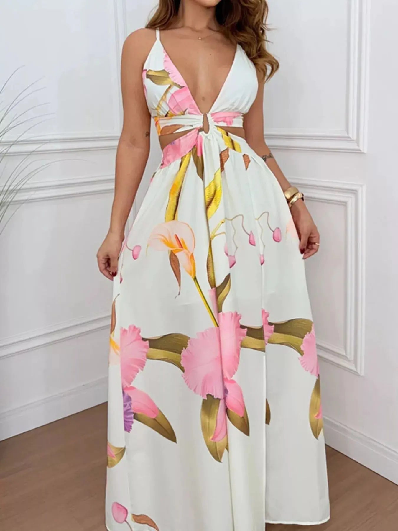 Tropical Print Plunge Cutout Maxi Dress with Slit Trendsi