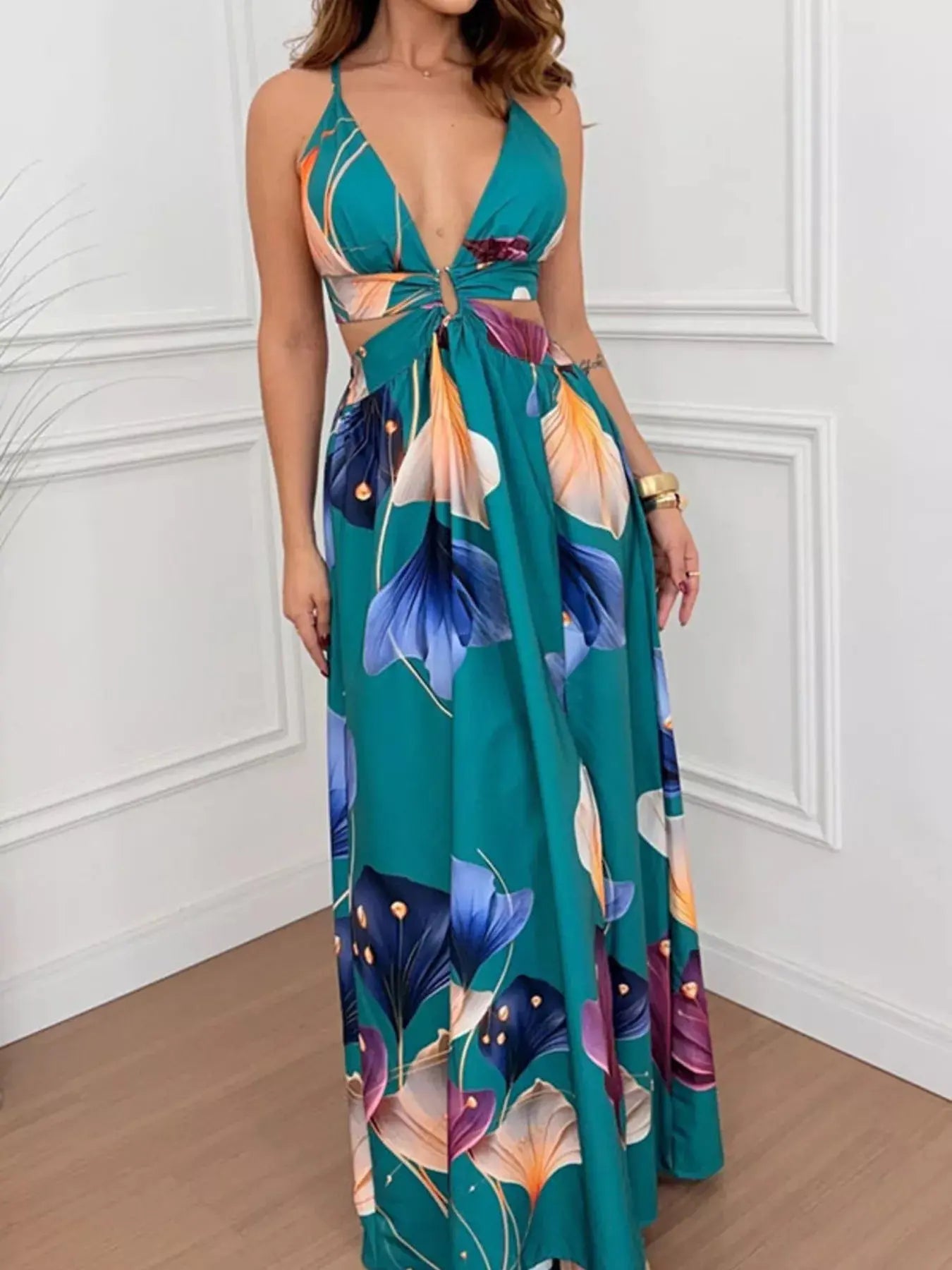 Tropical Print Plunge Cutout Maxi Dress with Slit Trendsi