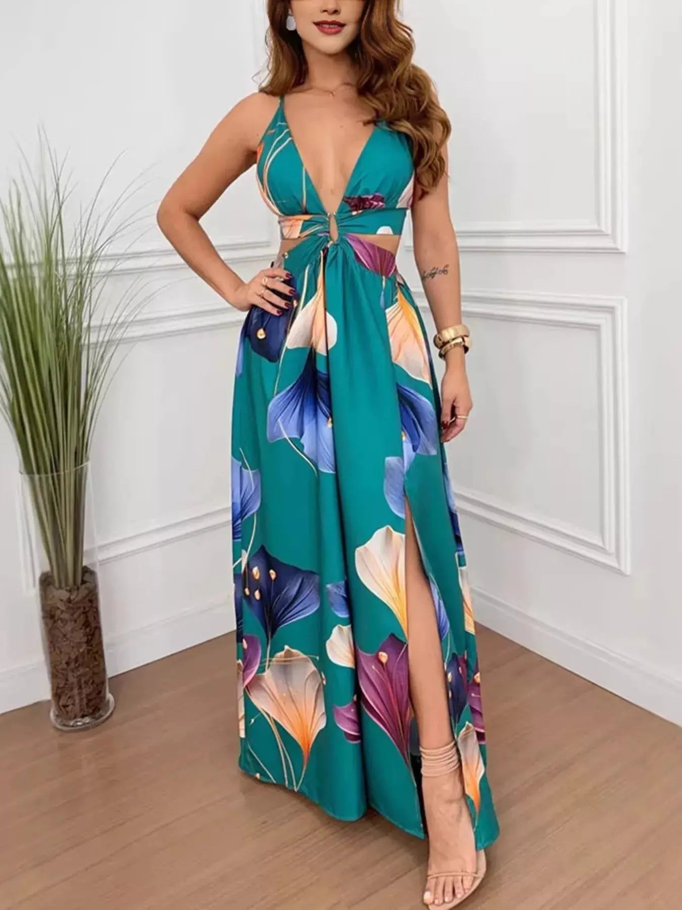 Tropical Print Plunge Cutout Maxi Dress with Slit Trendsi