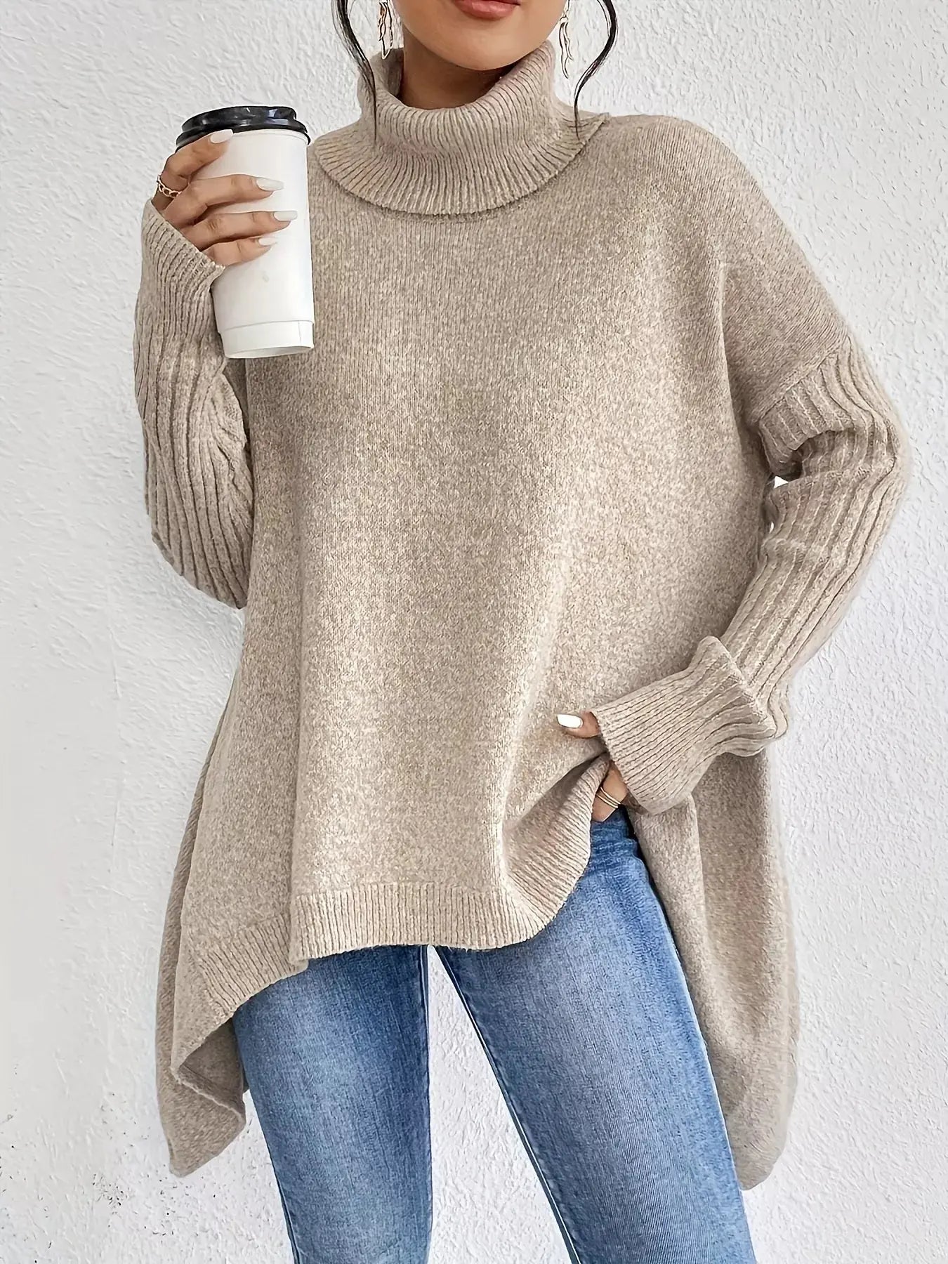 Turtleneck High-Low Hem Sweater Trendsi