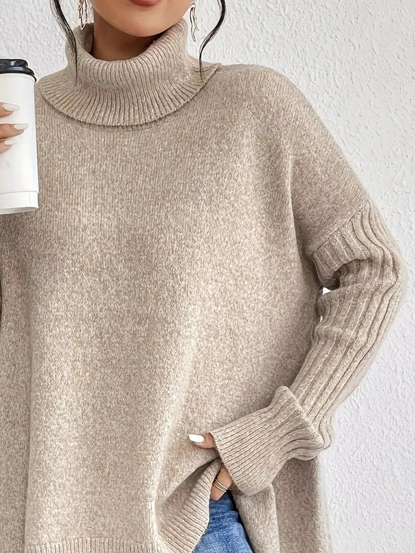 Turtleneck High-Low Hem Sweater Trendsi