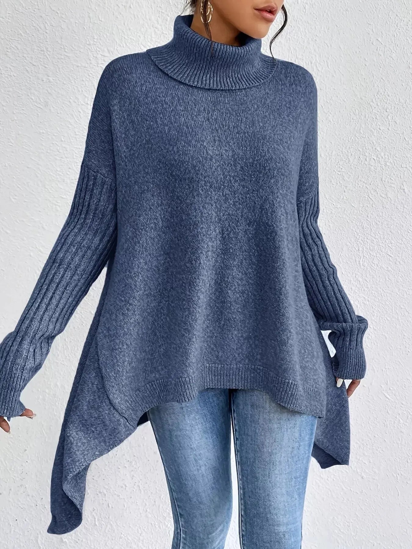 Turtleneck High-Low Hem Sweater Trendsi
