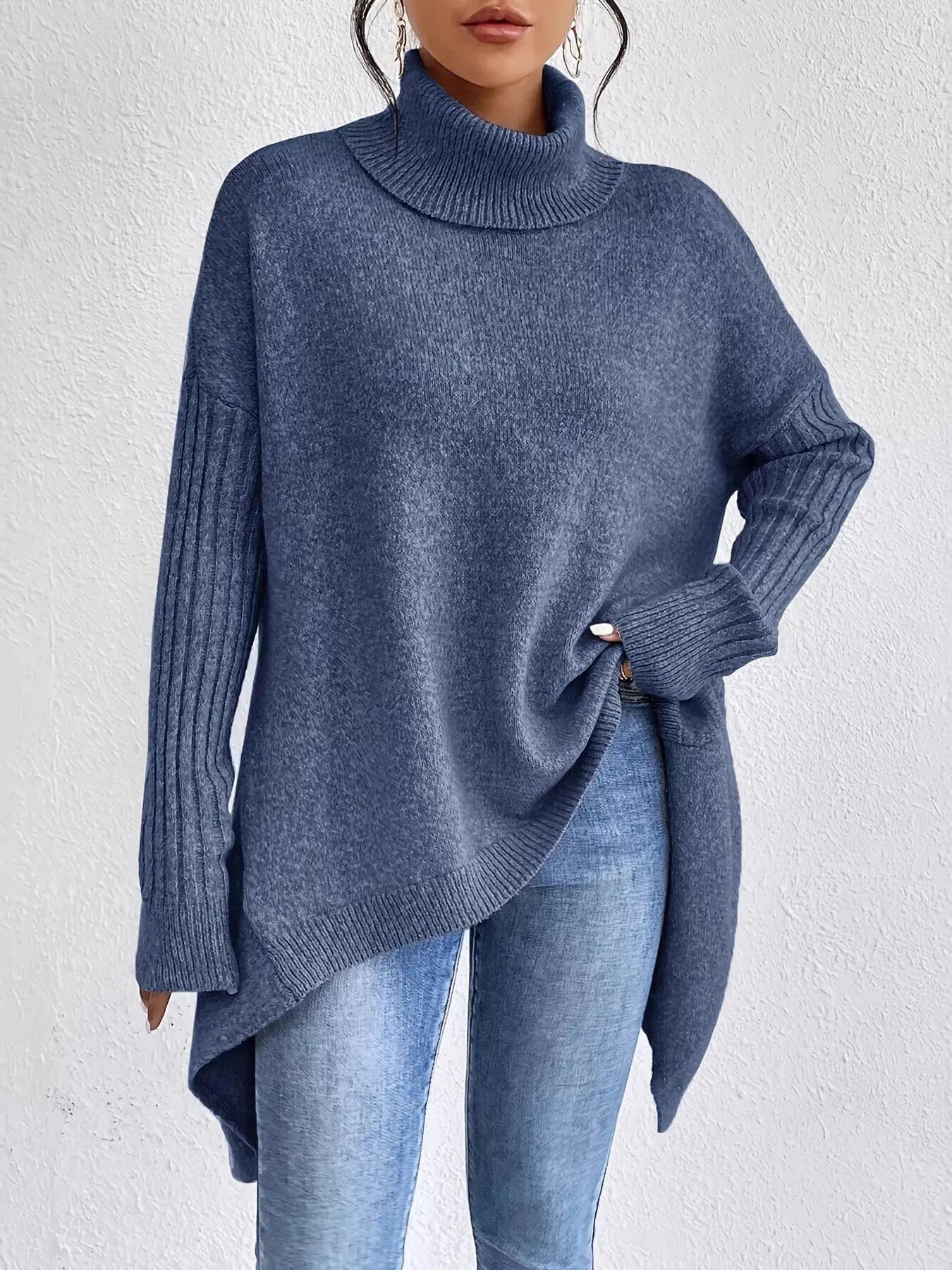 Turtleneck High-Low Hem Sweater Trendsi