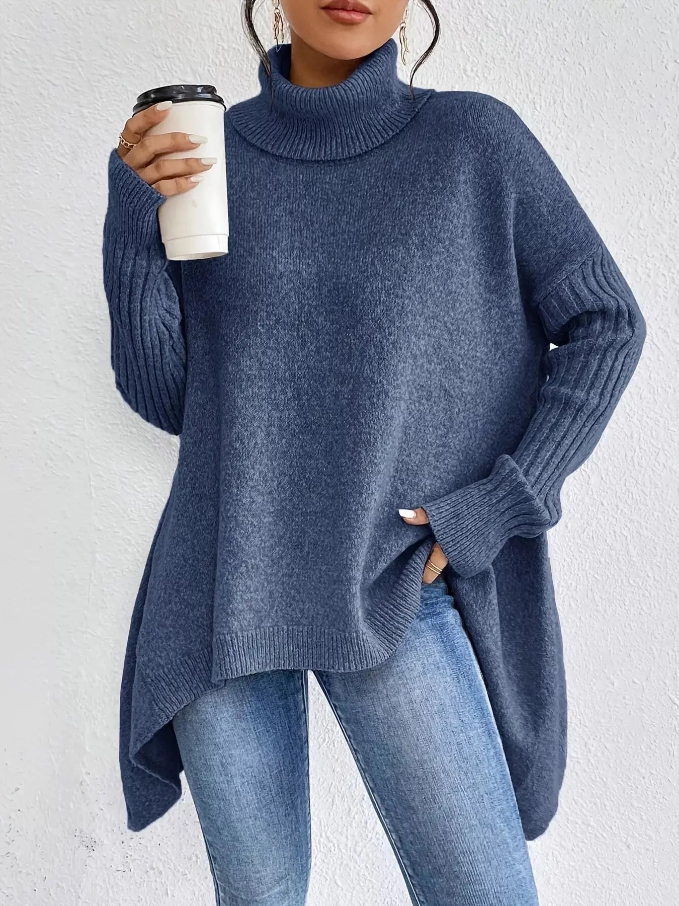 Turtleneck High-Low Hem Sweater Trendsi