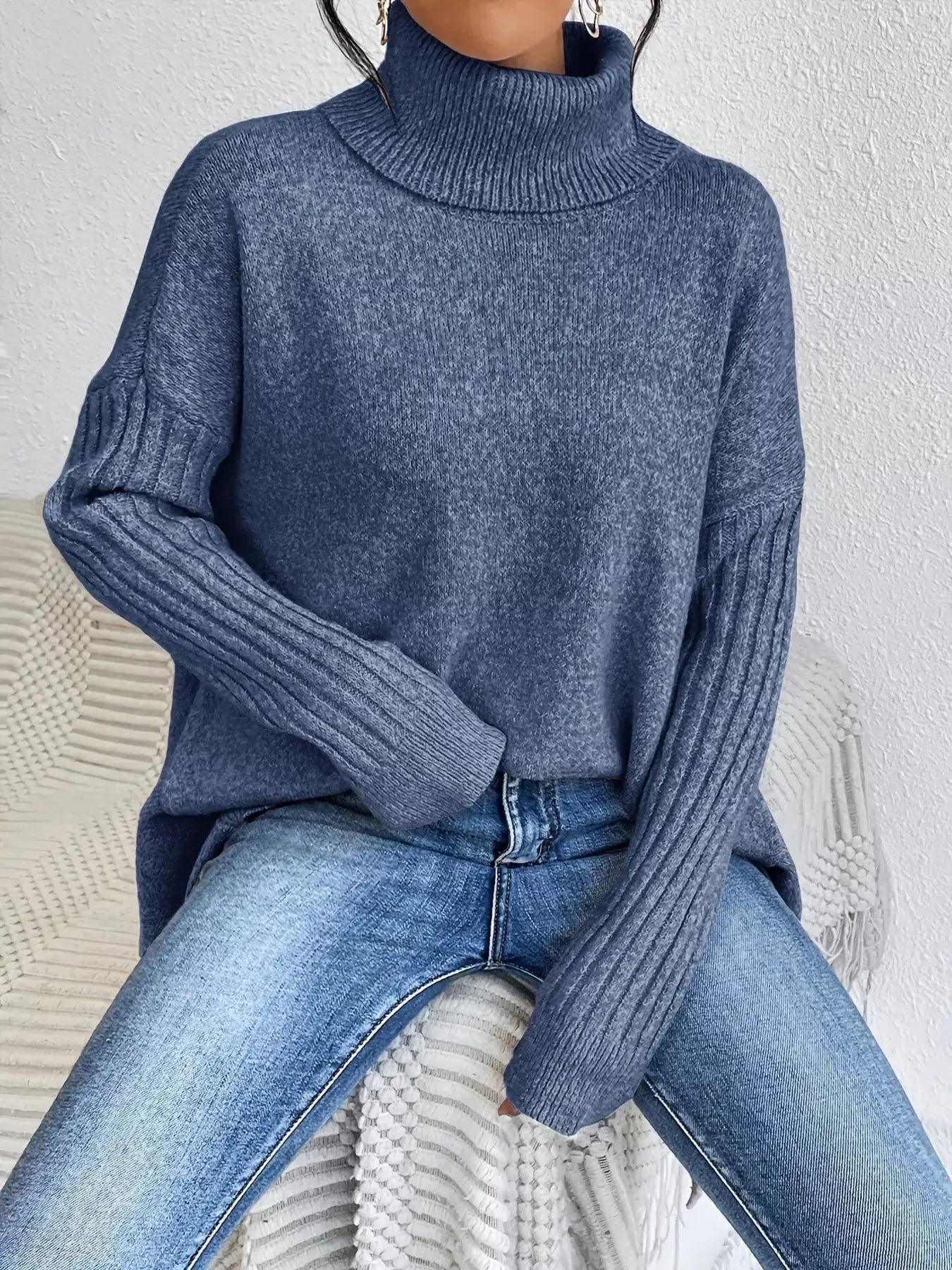 Turtleneck High-Low Hem Sweater Trendsi