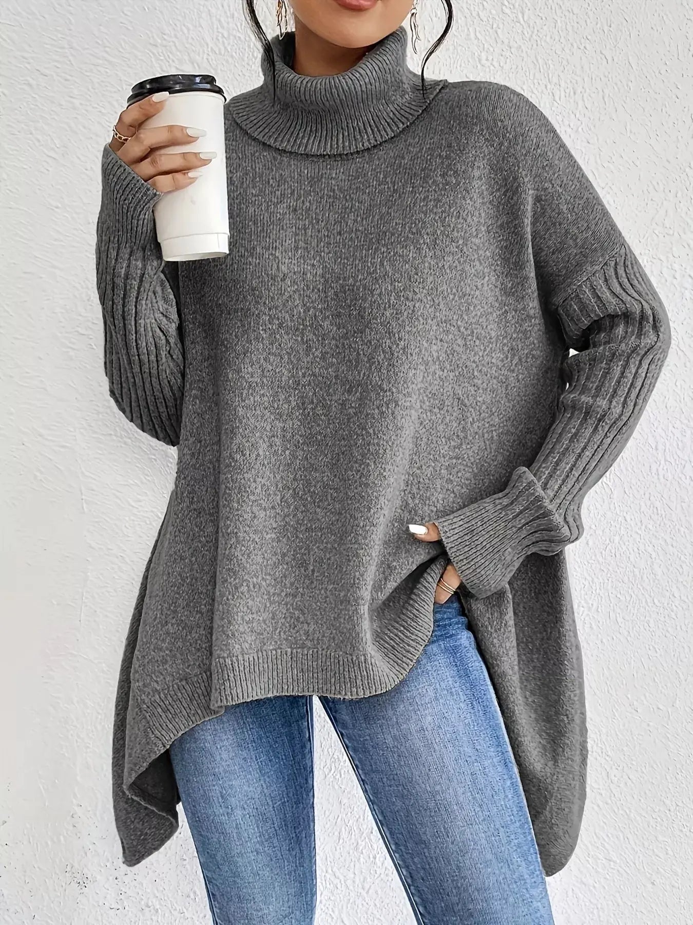 Turtleneck High-Low Hem Sweater Trendsi