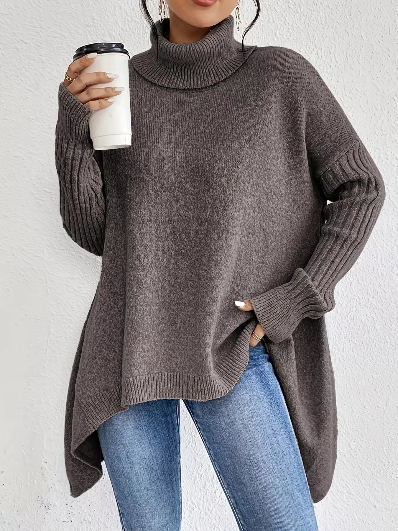 Turtleneck High-Low Hem Sweater Trendsi