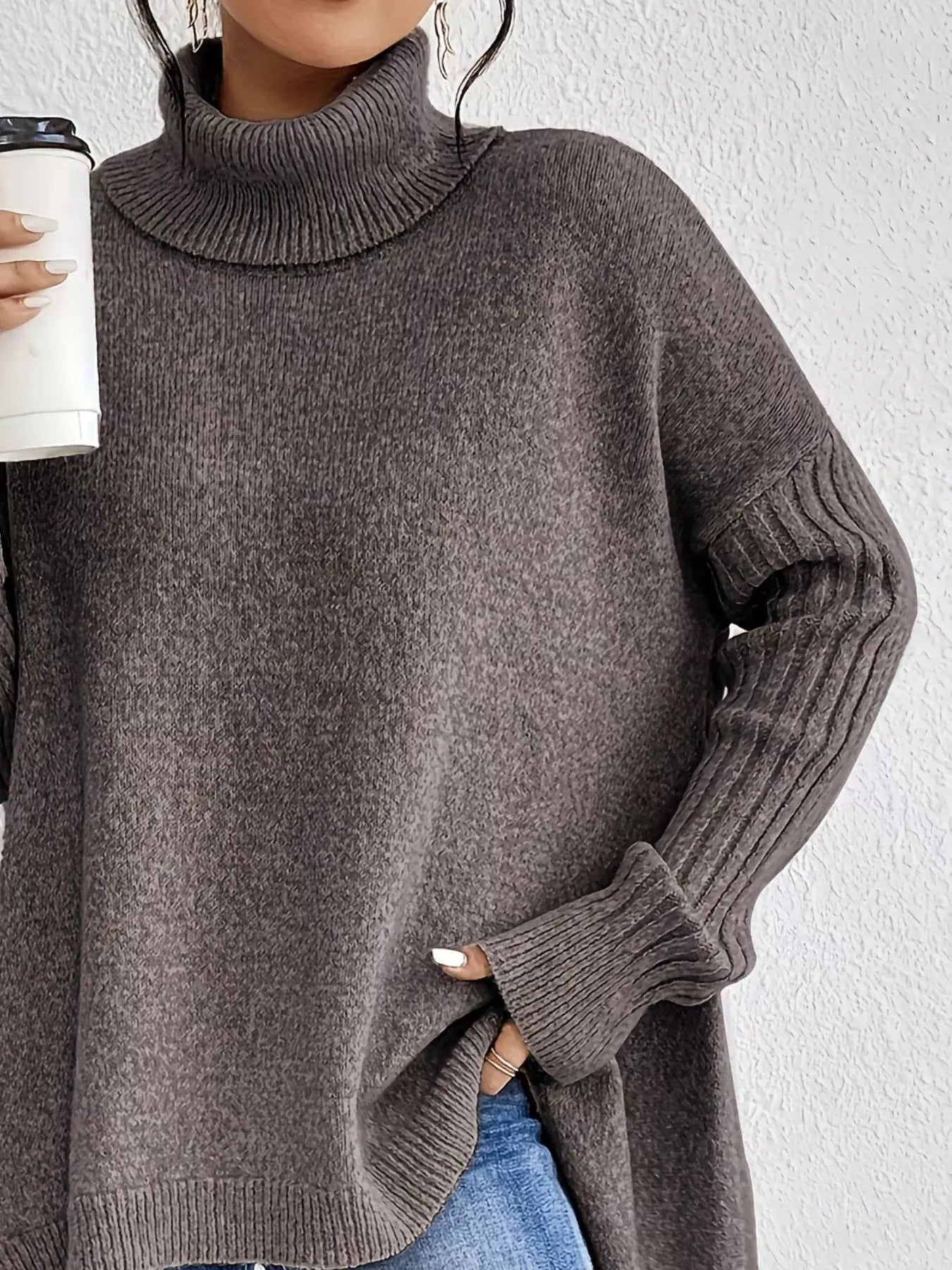 Turtleneck High-Low Hem Sweater Trendsi