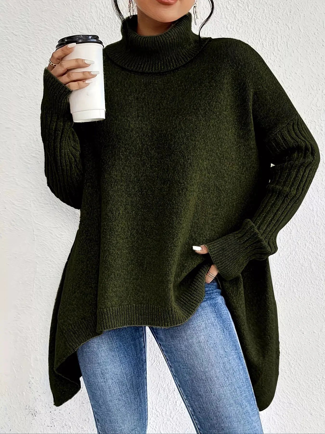Turtleneck High-Low Hem Sweater Trendsi