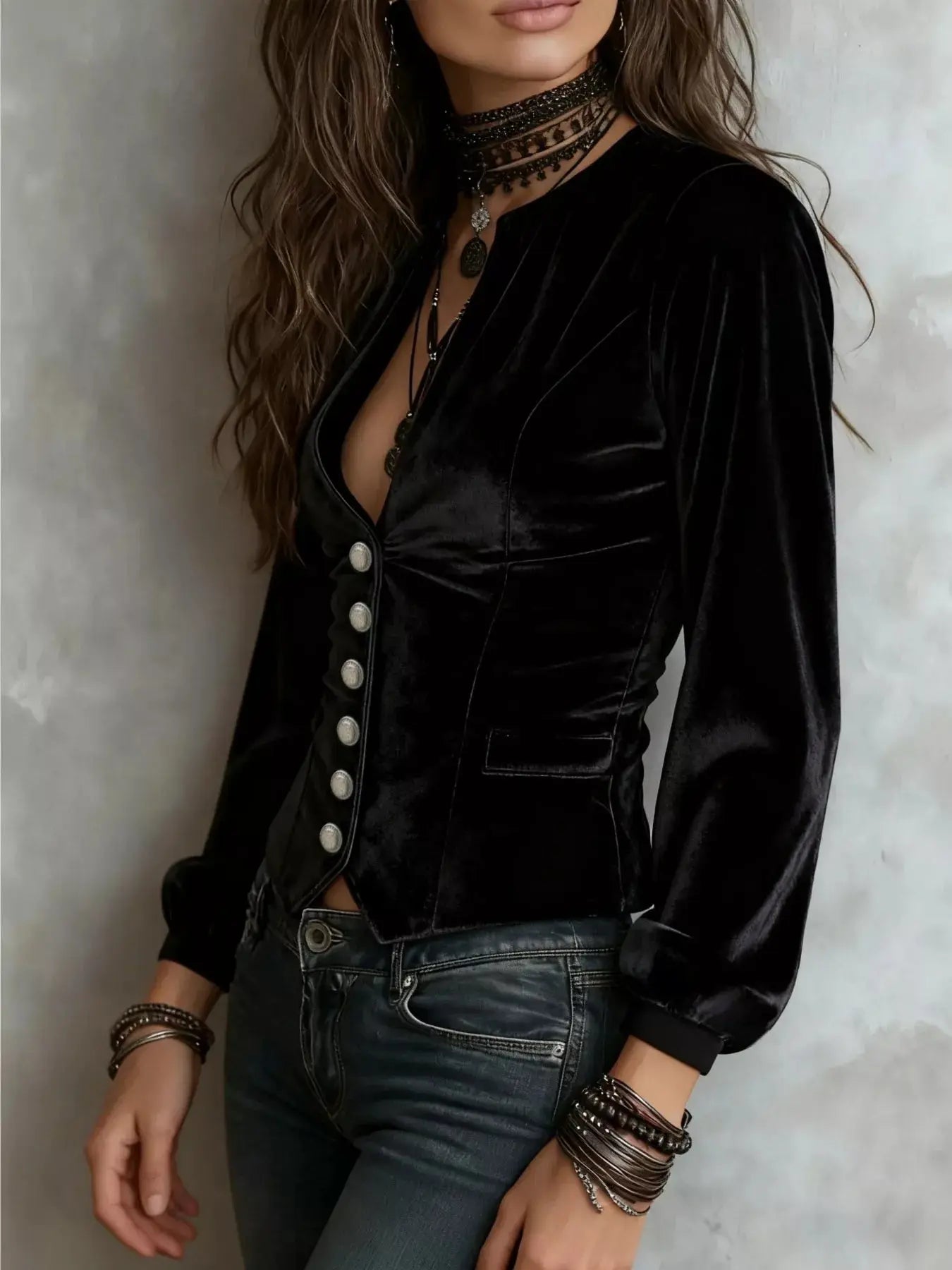 Velvet Button-Down Jacket Trendsi