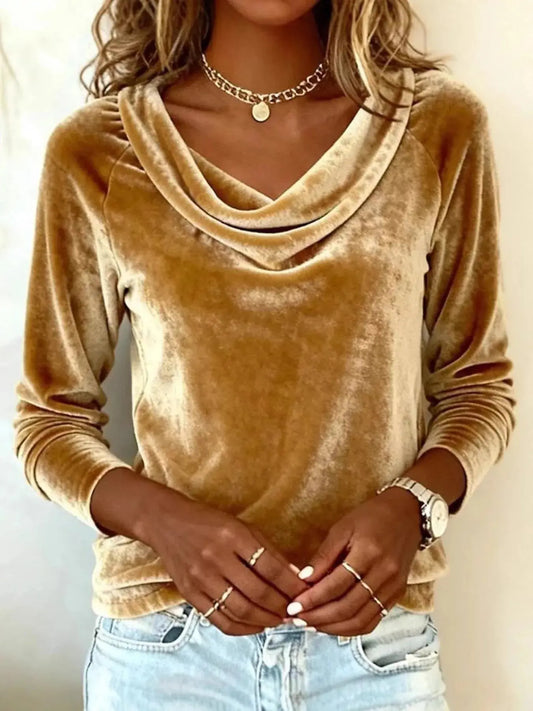 Velvet Cowl Neck Long Sleeve T-Shirt Trendsi