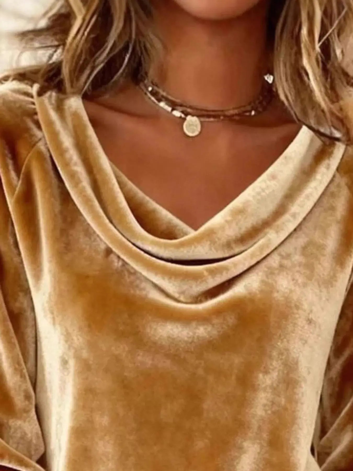 Velvet Cowl Neck Long Sleeve T-Shirt Trendsi