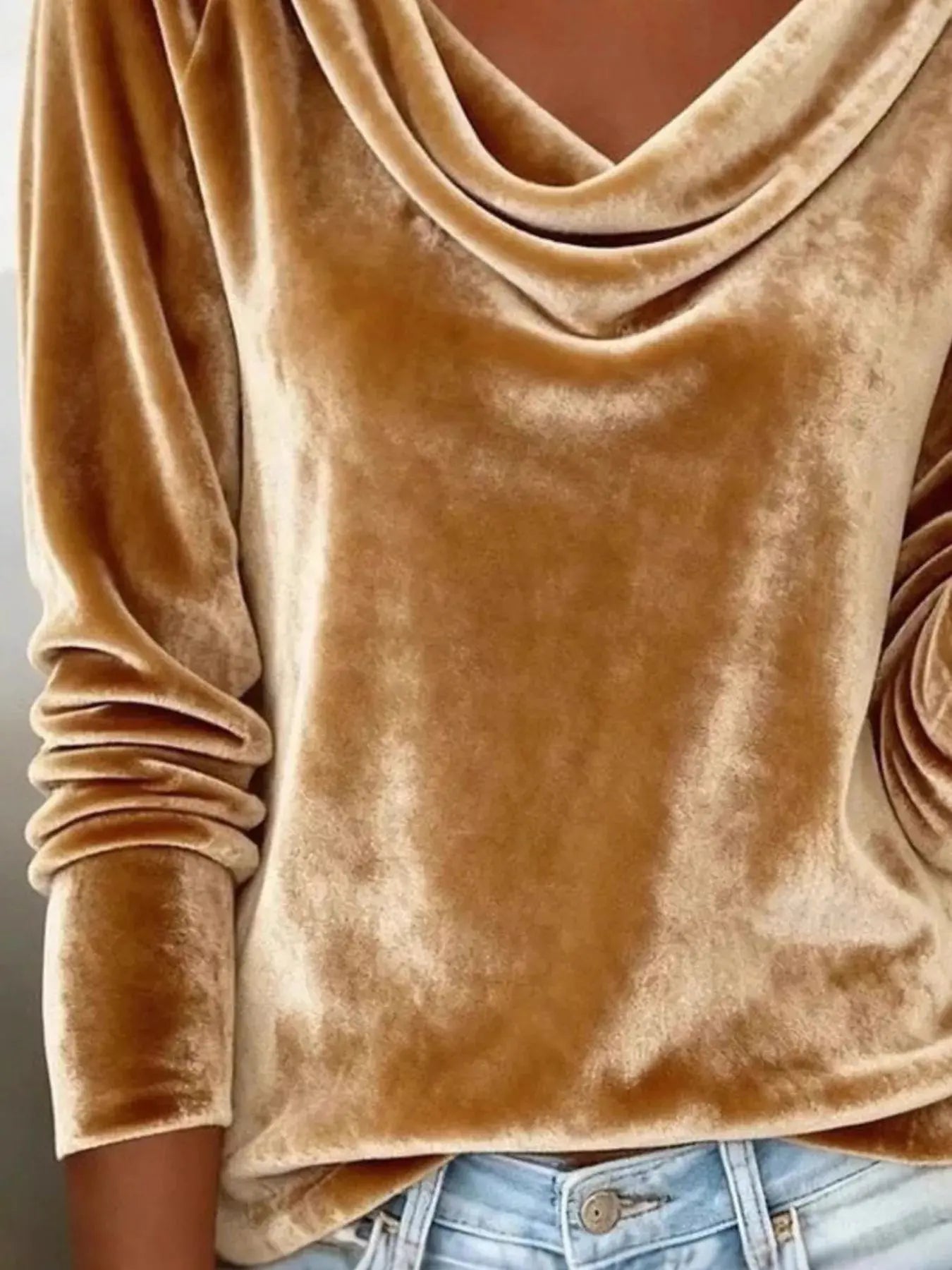 Velvet Cowl Neck Long Sleeve T-Shirt Trendsi