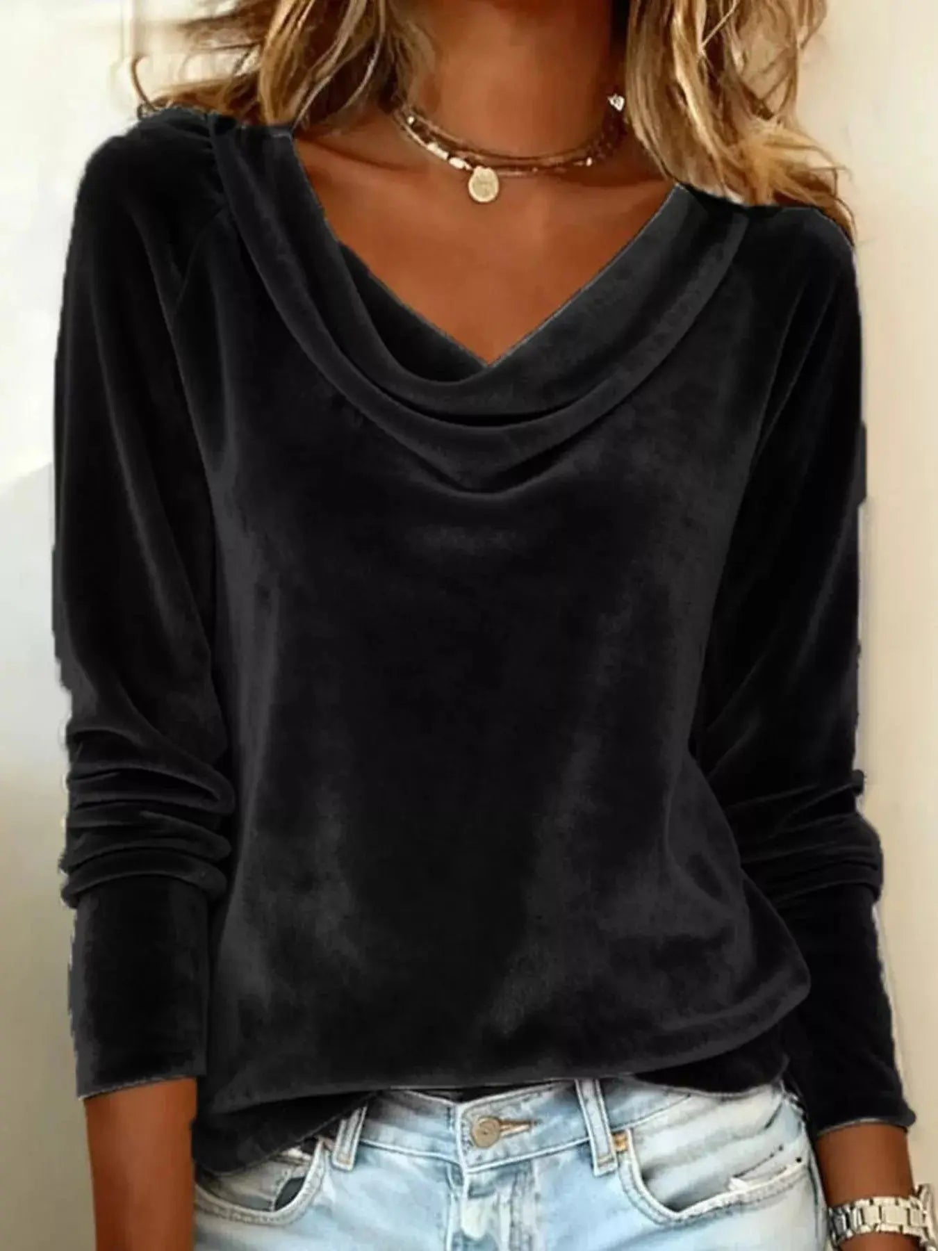 Velvet Cowl Neck Long Sleeve T-Shirt Trendsi
