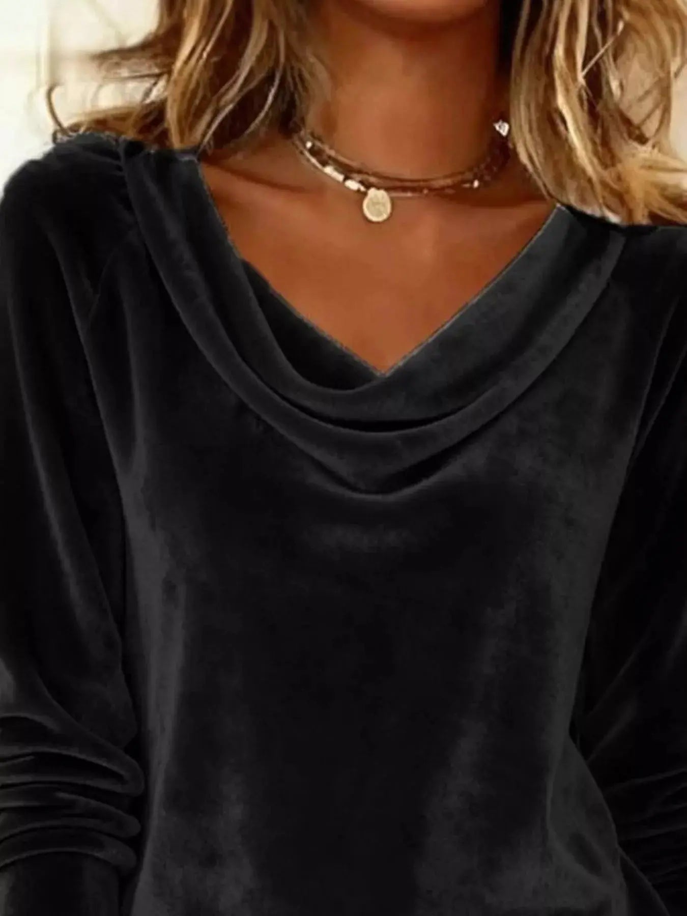Velvet Cowl Neck Long Sleeve T-Shirt Trendsi