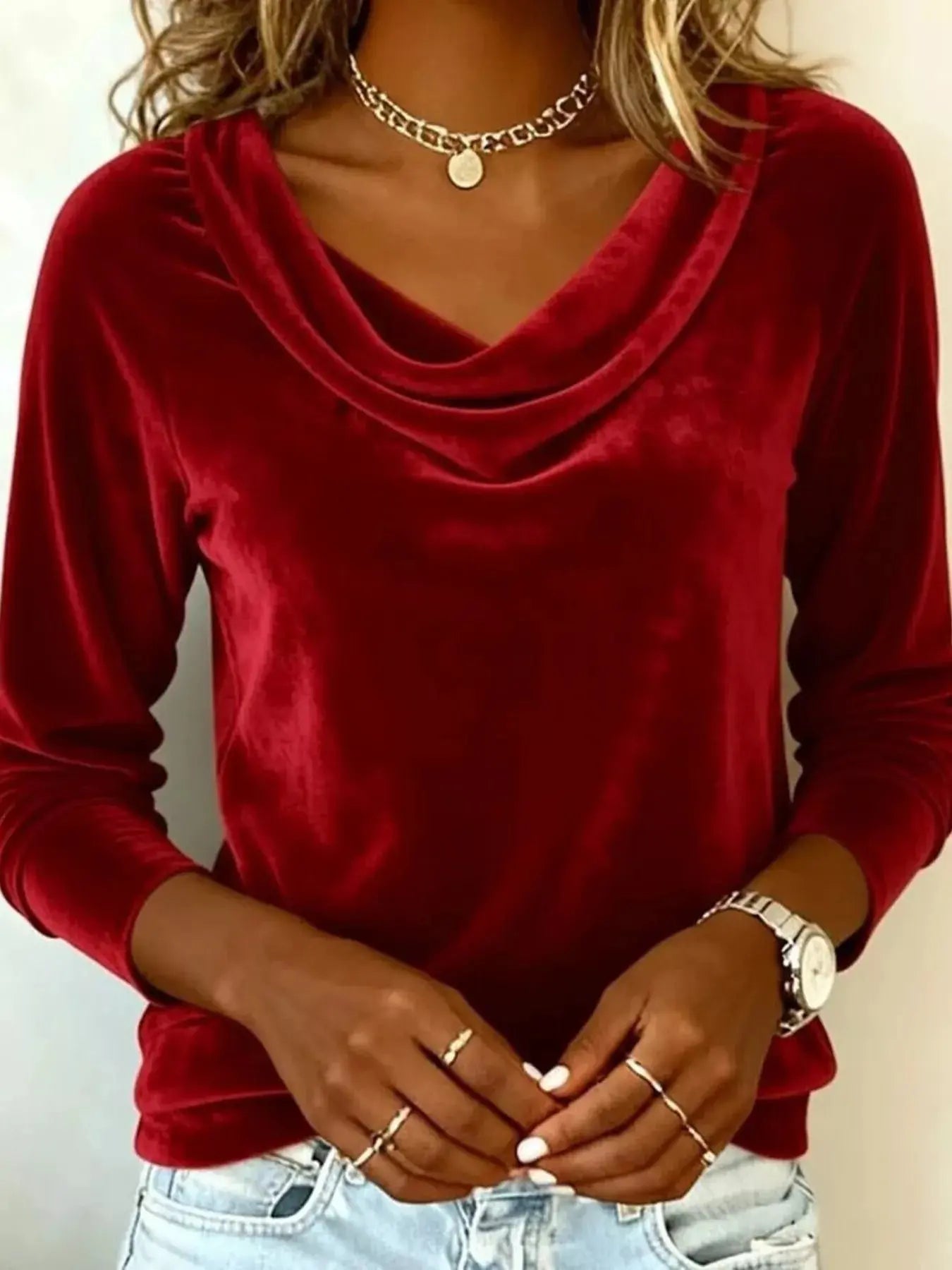 Velvet Cowl Neck Long Sleeve T-Shirt Trendsi