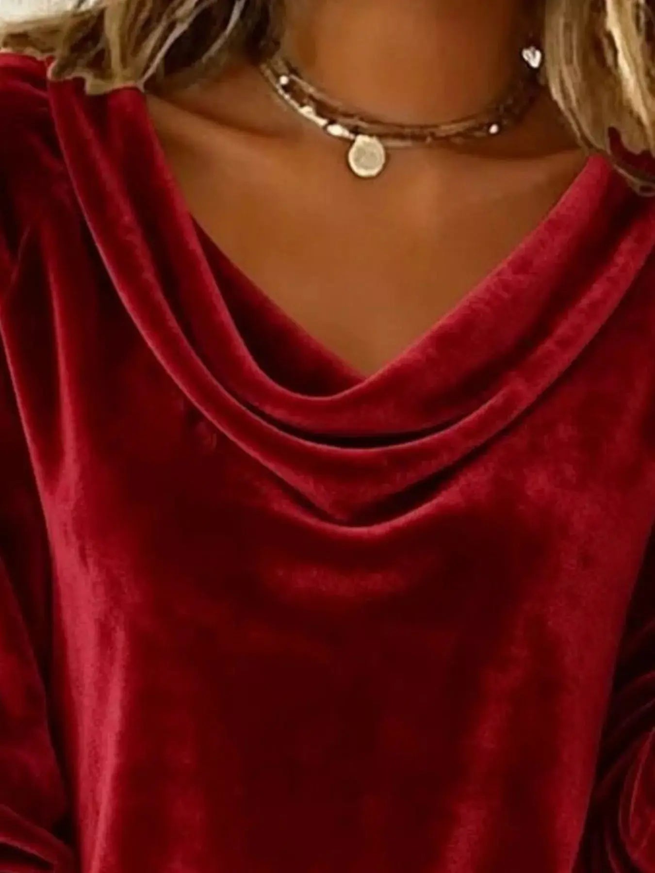 Velvet Cowl Neck Long Sleeve T-Shirt Trendsi