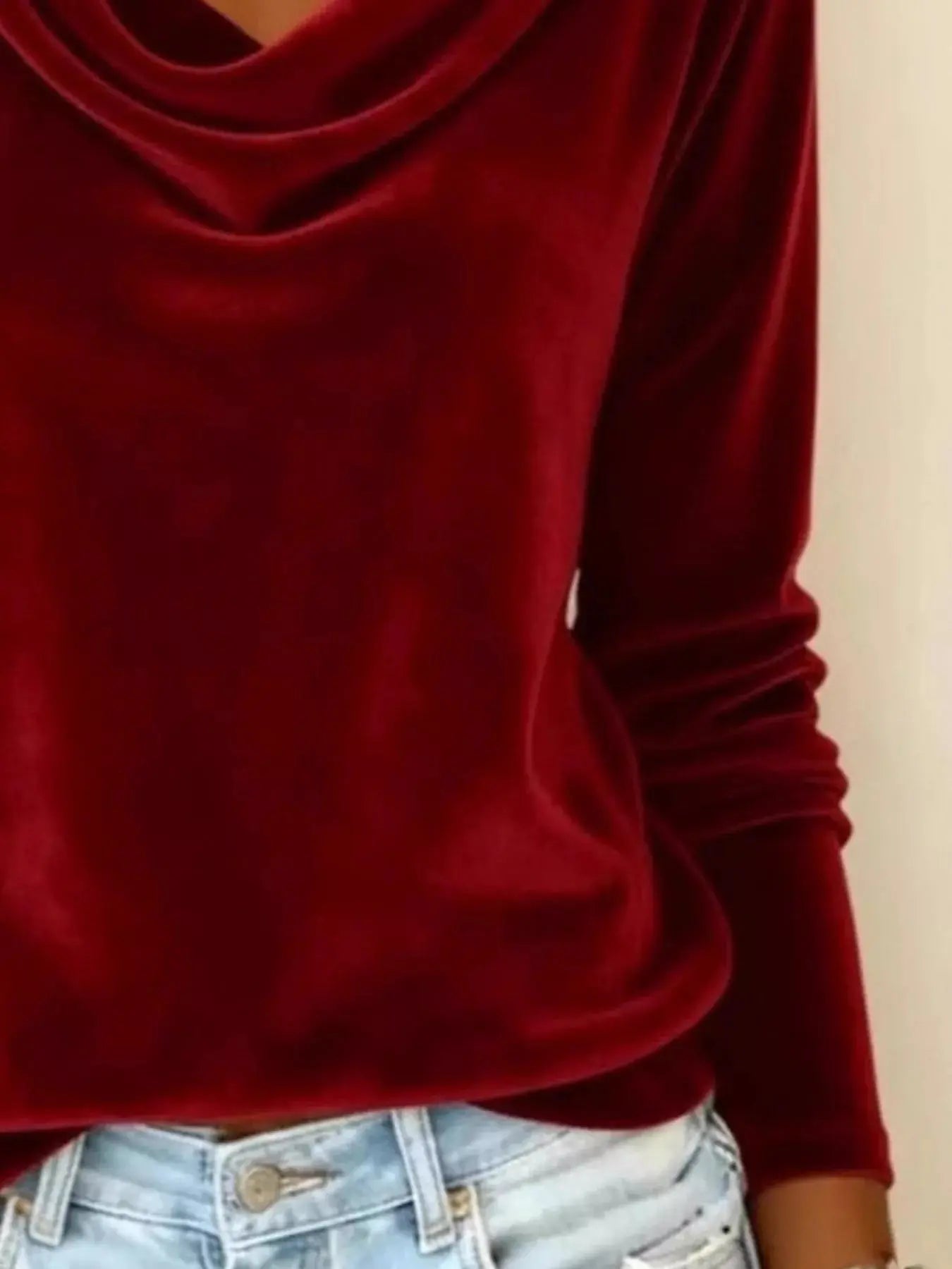 Velvet Cowl Neck Long Sleeve T-Shirt Trendsi