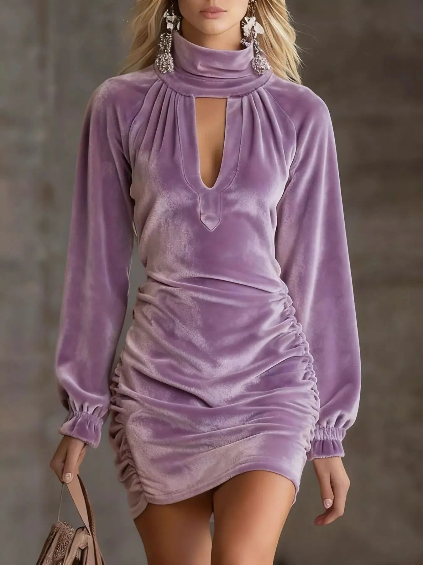 Velvet Ruched Flounce Sleeve Mini Dress Plus Size Trendsi