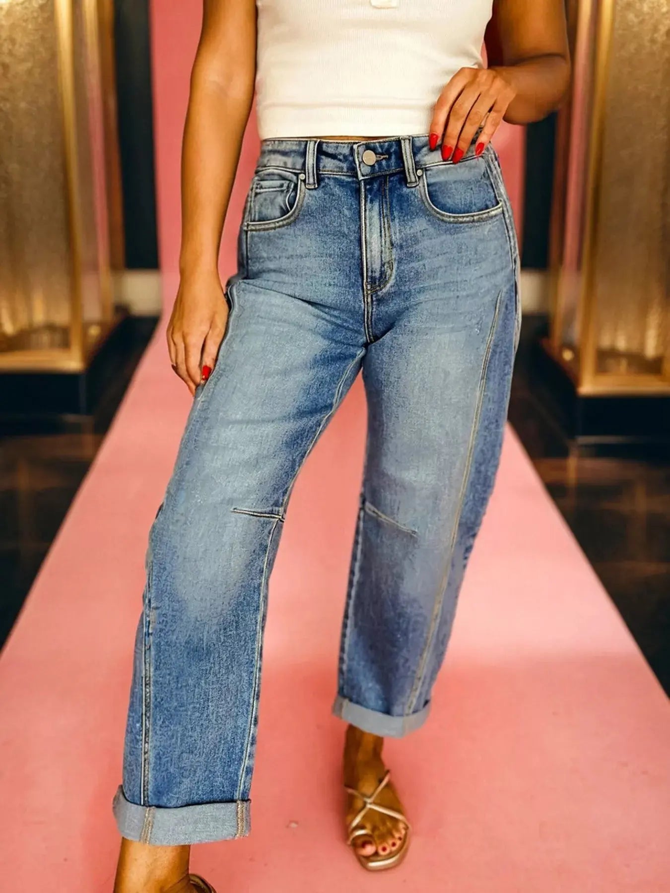 Vintage Washed Seam Detail Shift Jeans Non Stretch Denim With Classic Fit For Everyday Casual Wear Trendsi