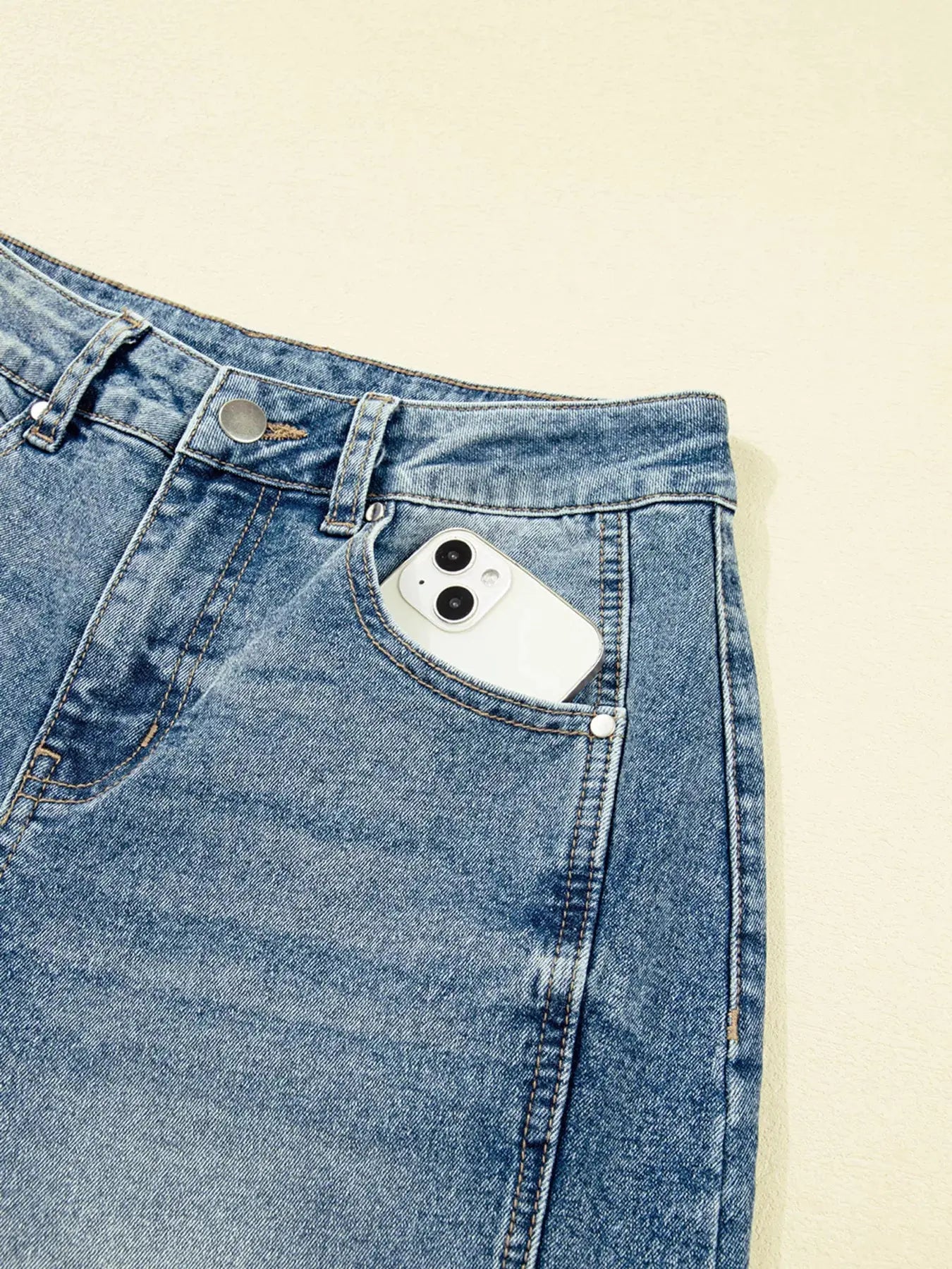 Vintage Washed Seam Detail Shift Jeans Non Stretch Denim With Classic Fit For Everyday Casual Wear Trendsi
