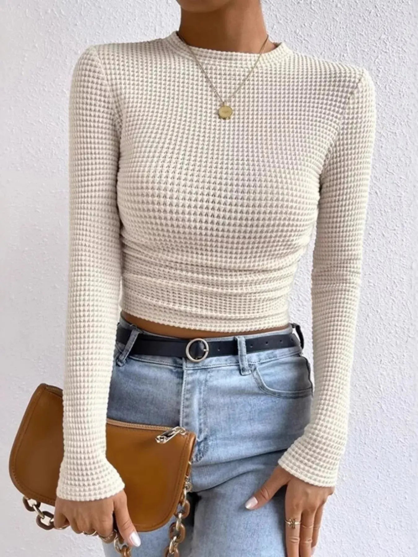 Waffle Knit Long Sleeve T-Shirt Trendsi