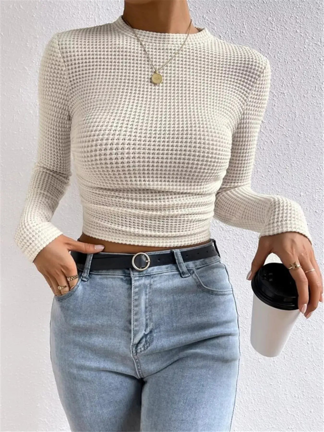 Waffle Knit Long Sleeve T-Shirt Trendsi