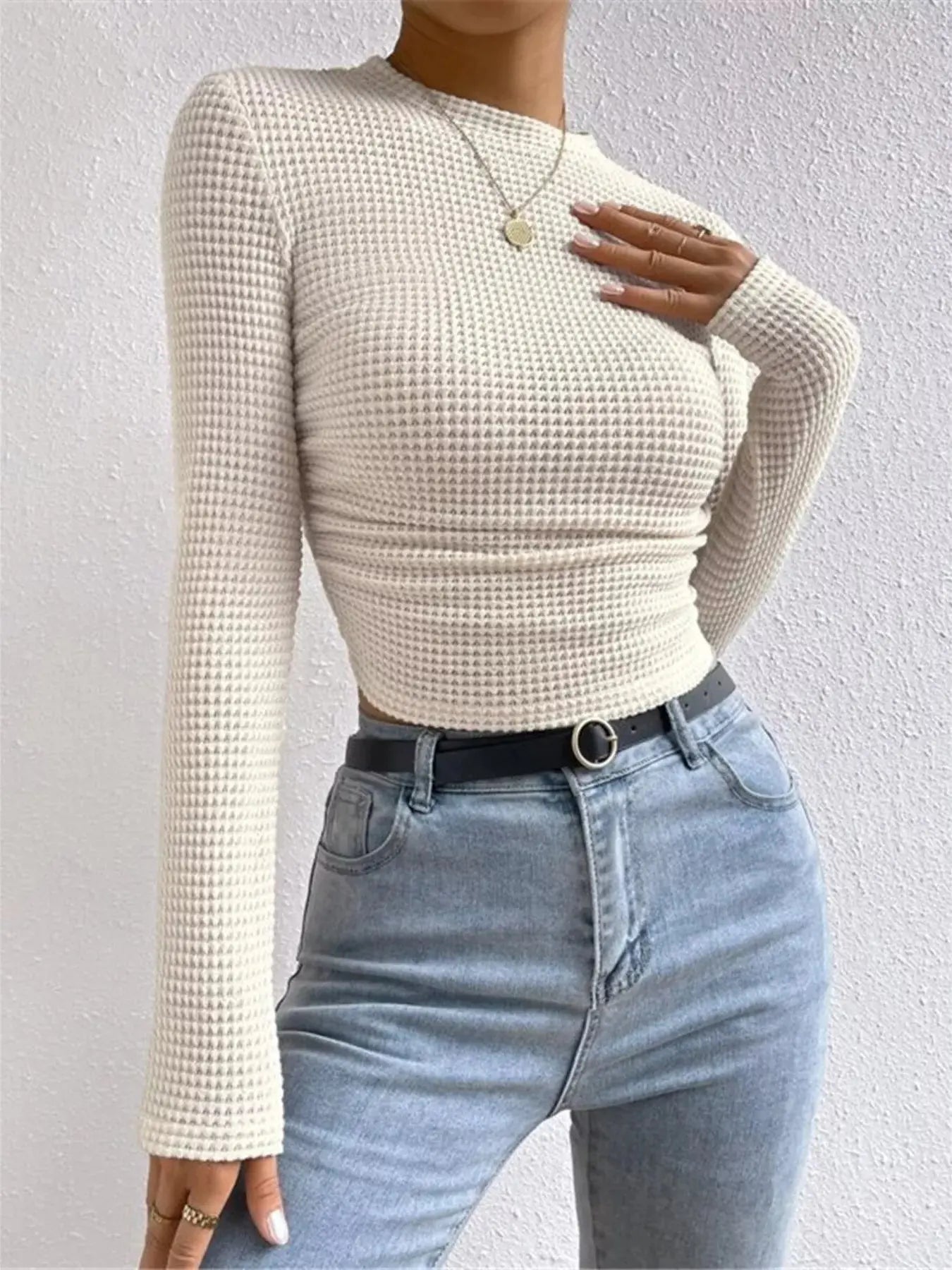 Waffle Knit Long Sleeve T-Shirt Trendsi