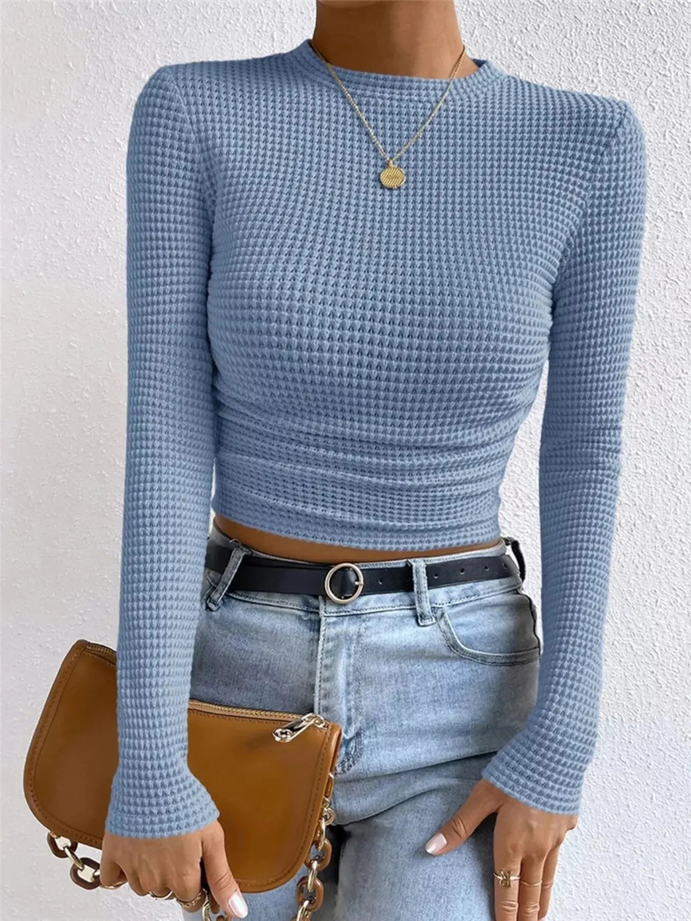 Waffle Knit Long Sleeve T-Shirt Trendsi