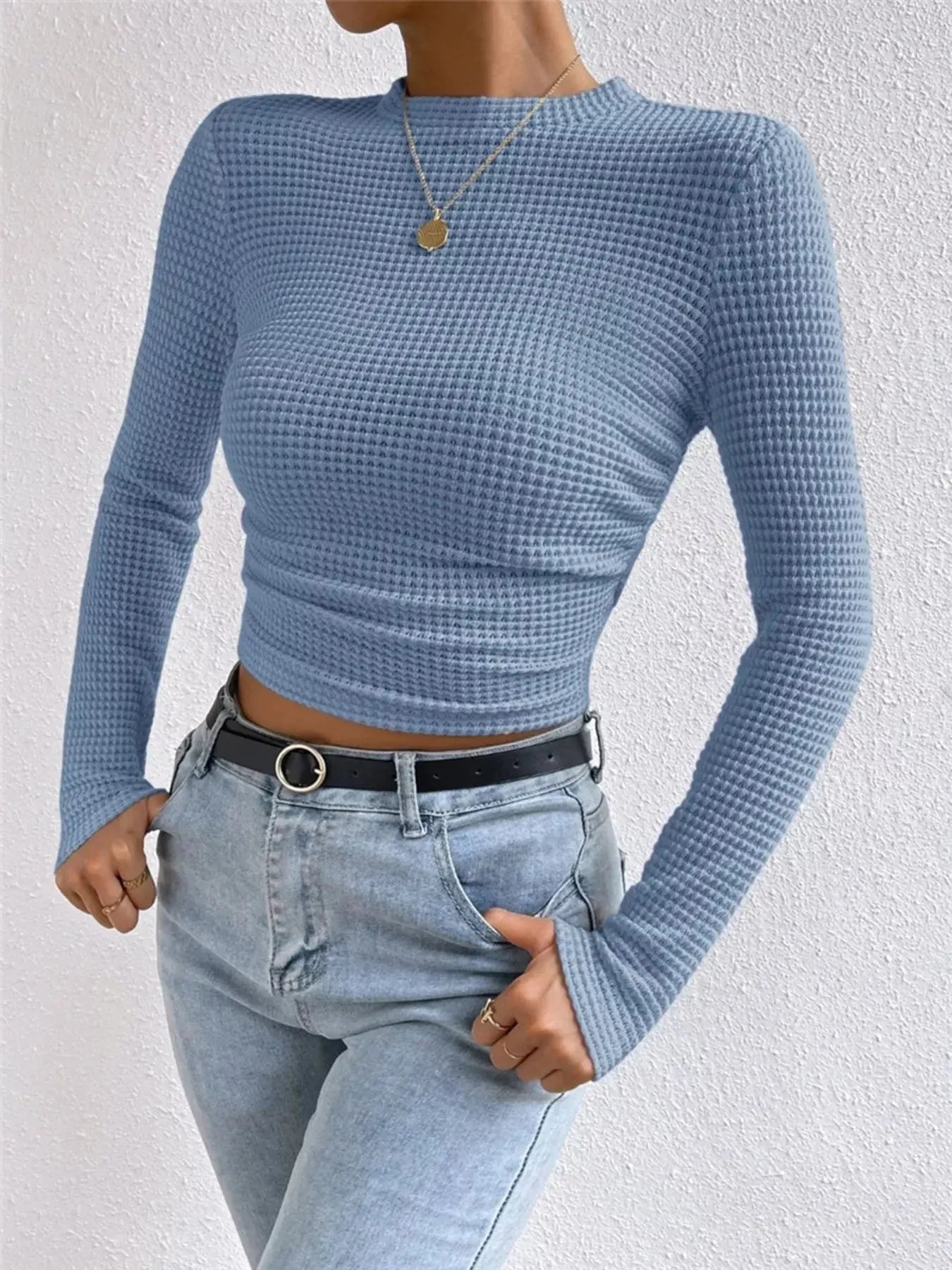 Waffle Knit Long Sleeve T-Shirt Trendsi