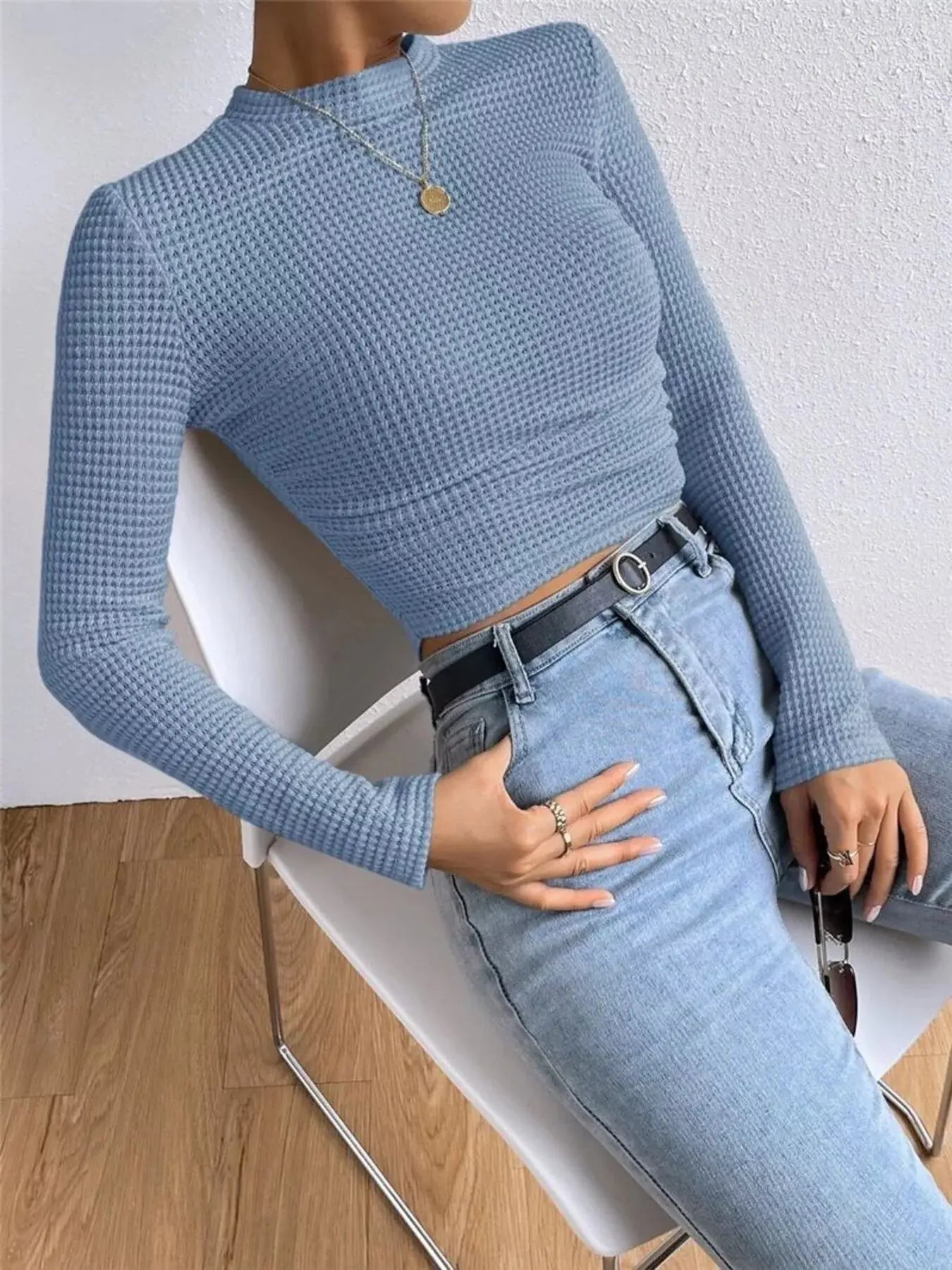 Waffle Knit Long Sleeve T-Shirt Trendsi
