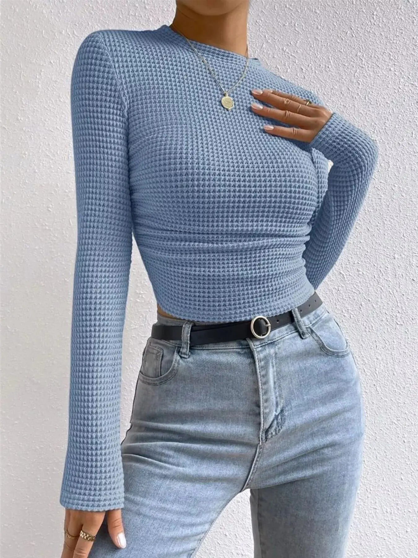 Waffle Knit Long Sleeve T-Shirt Trendsi