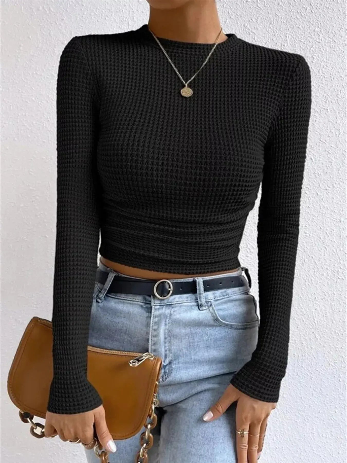 Waffle Knit Long Sleeve T-Shirt Trendsi