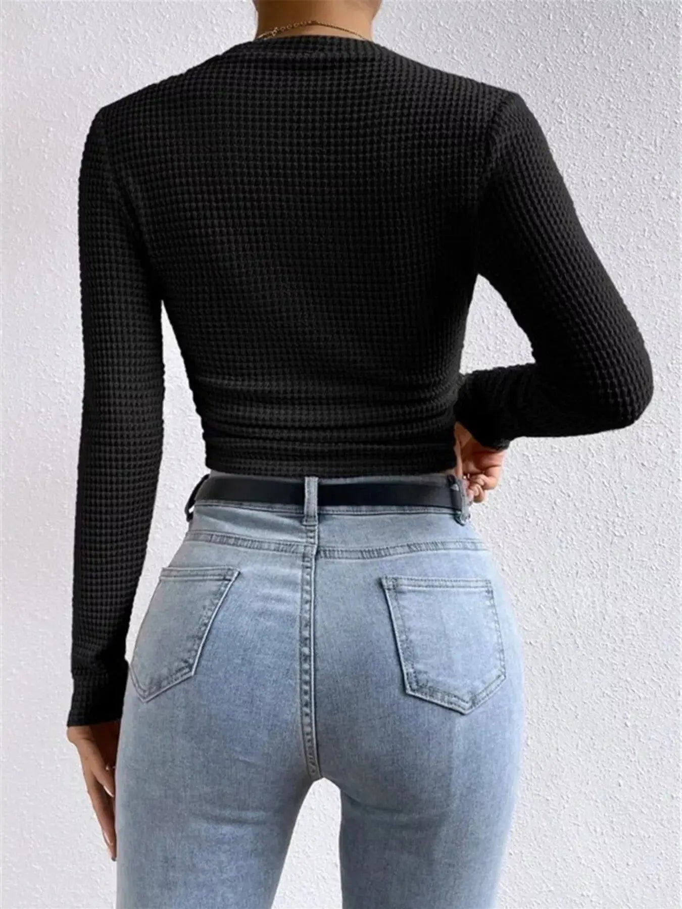 Waffle Knit Long Sleeve T-Shirt Trendsi