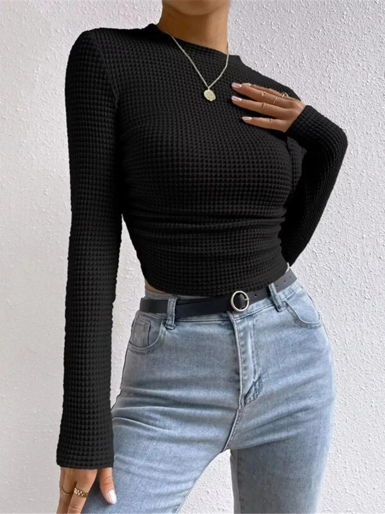 Waffle Knit Long Sleeve T-Shirt Trendsi