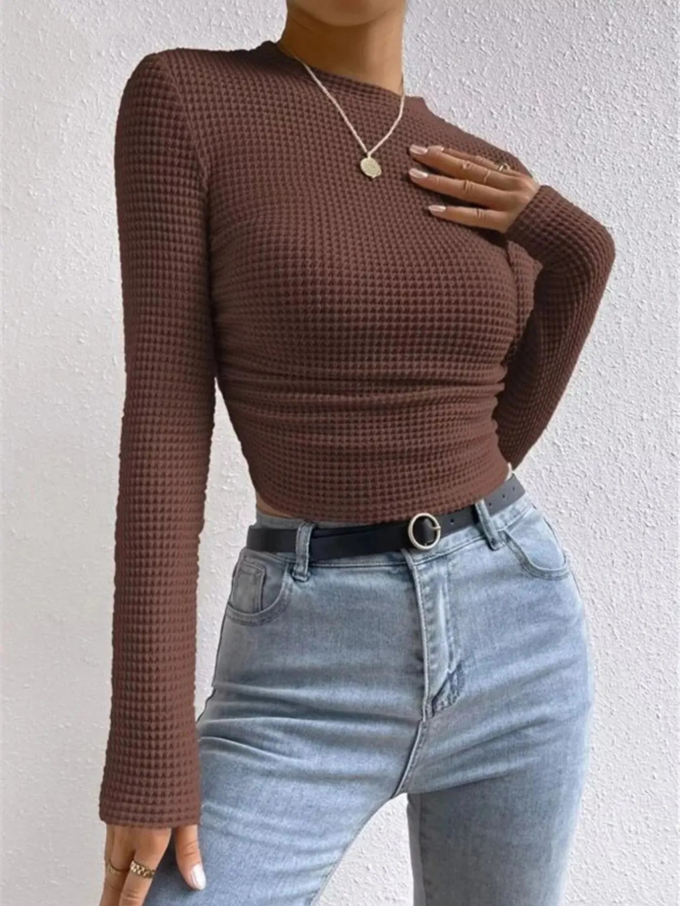 Waffle Knit Long Sleeve T-Shirt Trendsi