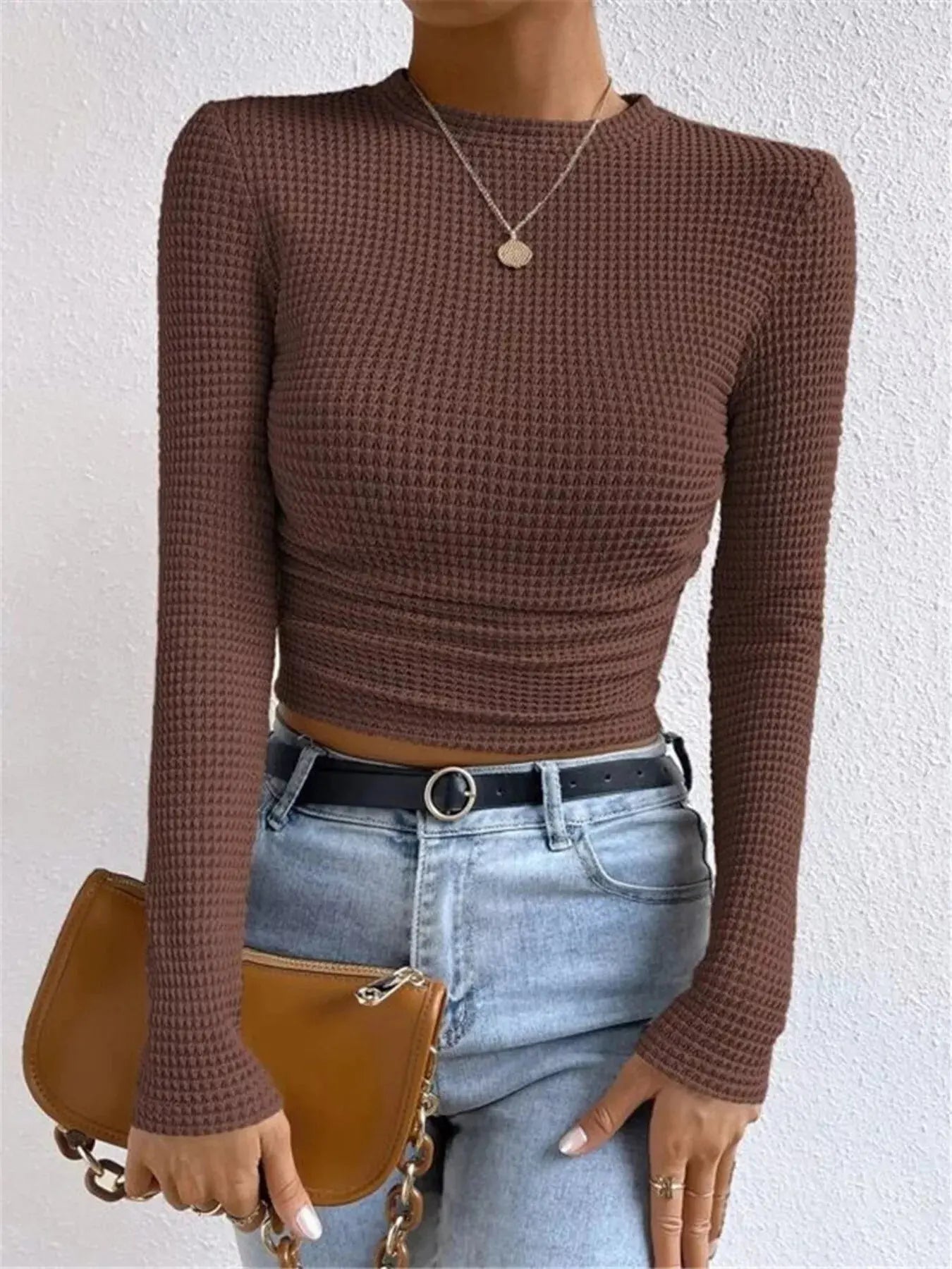 Waffle Knit Long Sleeve T-Shirt Trendsi