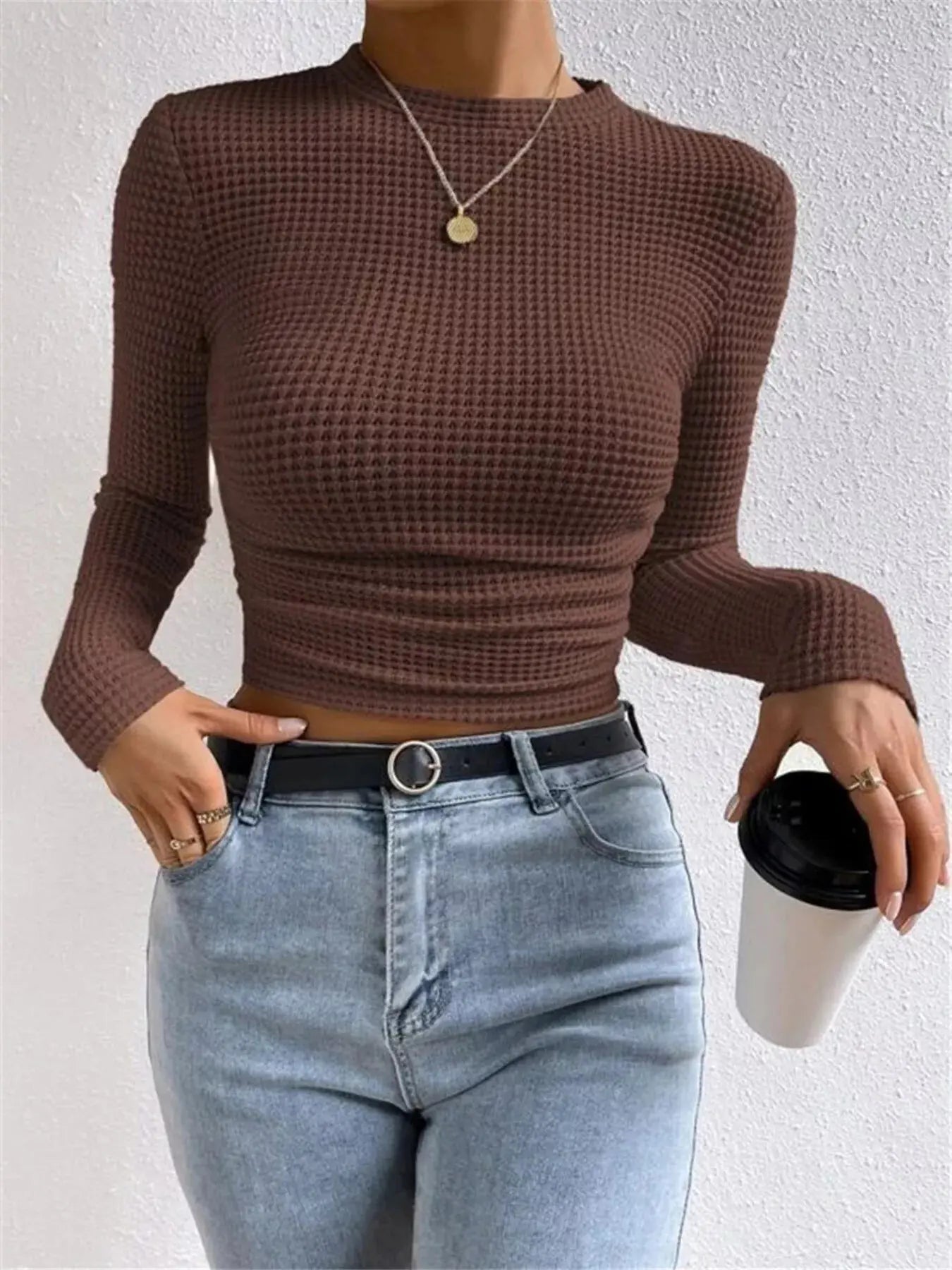 Waffle Knit Long Sleeve T-Shirt Trendsi