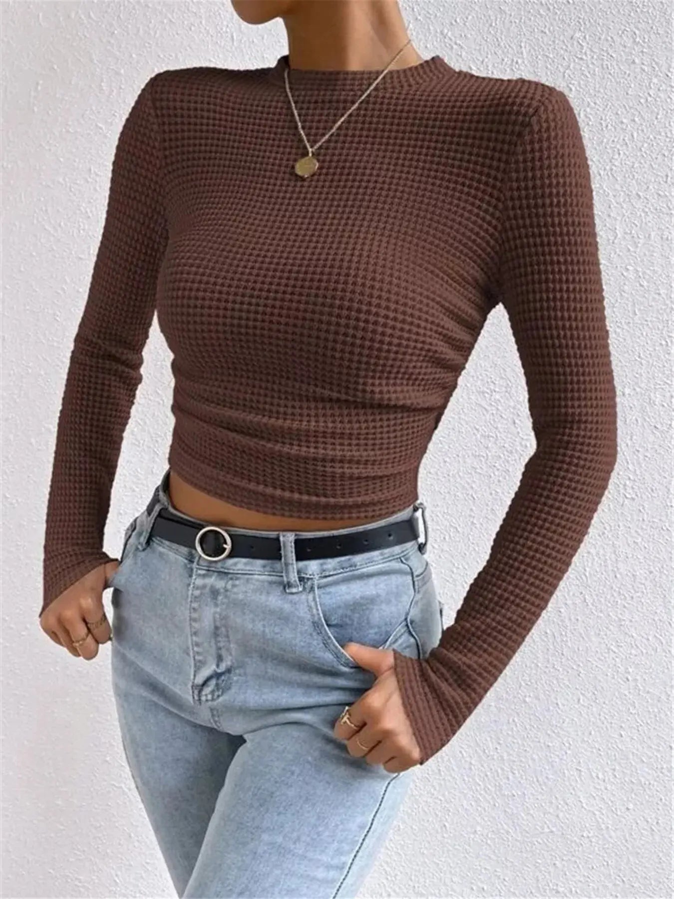 Waffle Knit Long Sleeve T-Shirt Trendsi