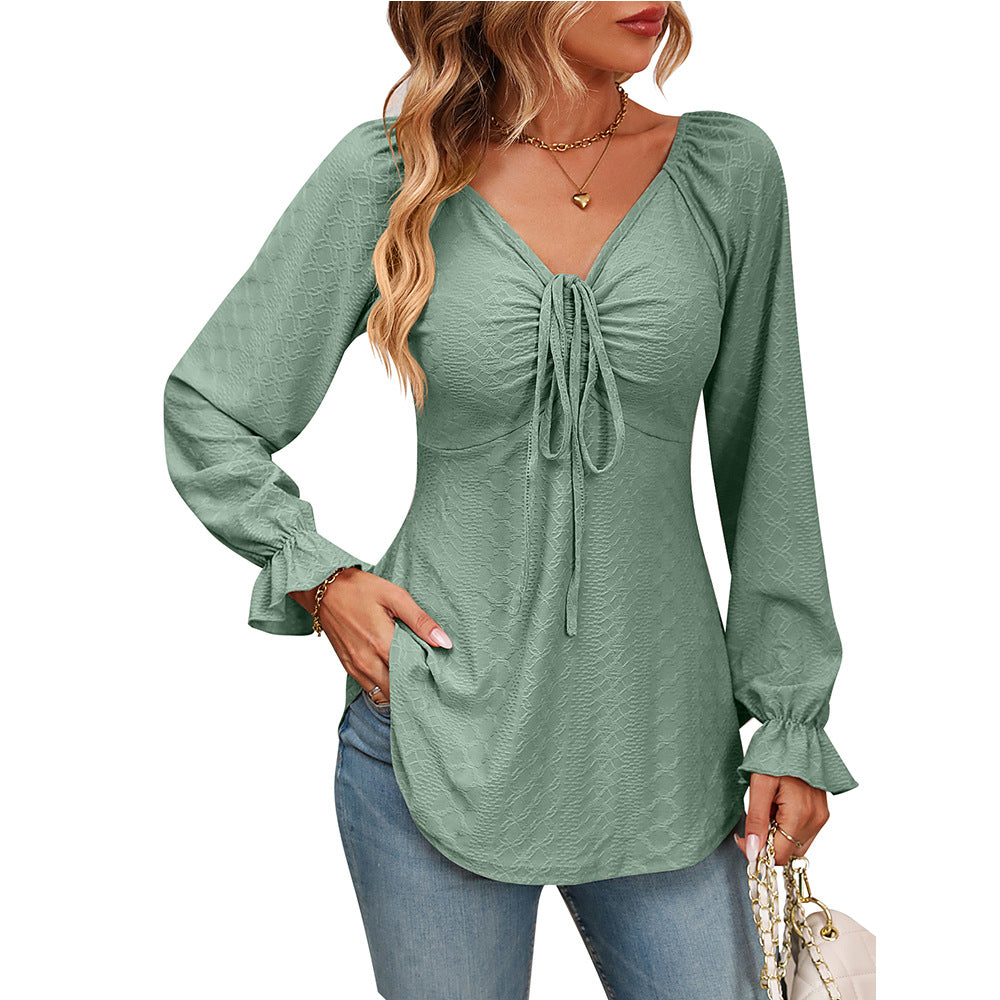 V-neck Drawstring Waist Sexy Long Sleeve