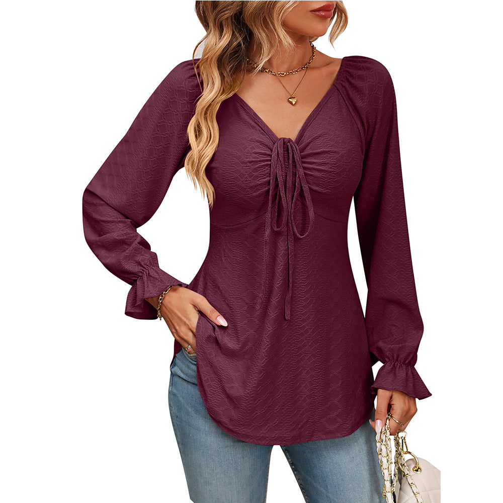 V-neck Drawstring Waist Sexy Long Sleeve