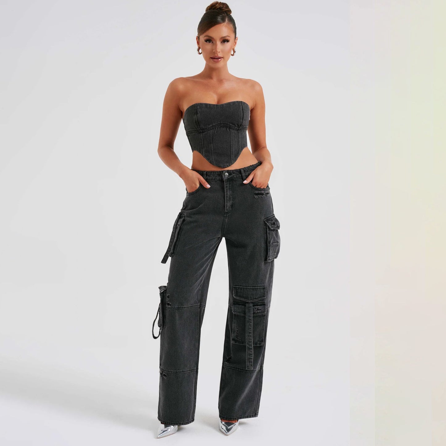 Women's Low Waist Three-dimensional Tube Top And Pocket Stitching Jeans Pants