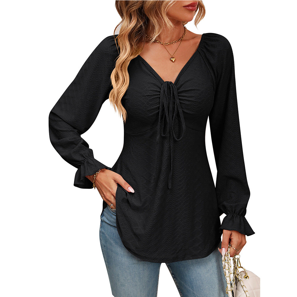 V-neck Drawstring Waist Sexy Long Sleeve