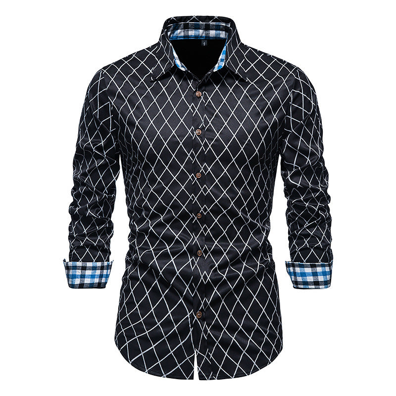 Men's Long-sleeved Diamond Check Button Shirt