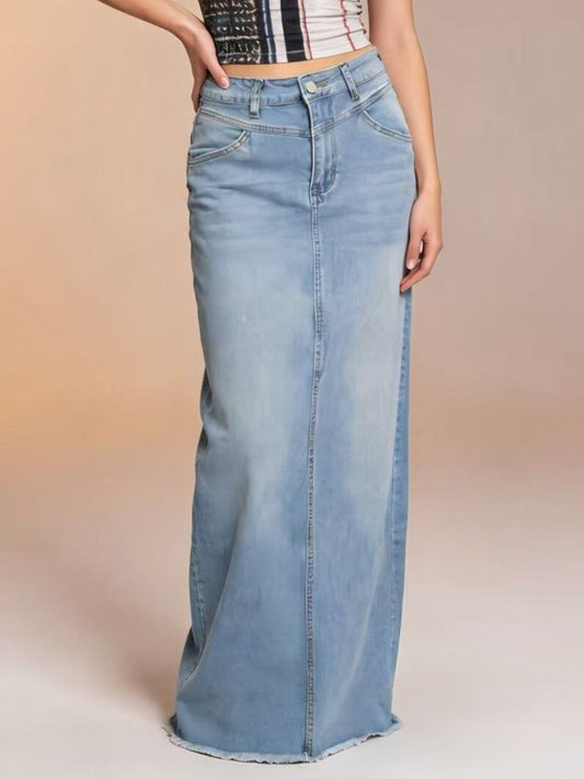 Raw Hem Maxi Denim Skirt with front button closure in light wash; frayed hem, 85% cotton / 15% polyester.