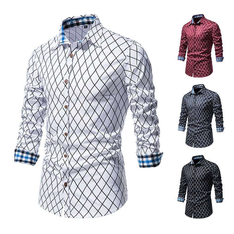 Men's Long-sleeved Diamond Check Button Shirt