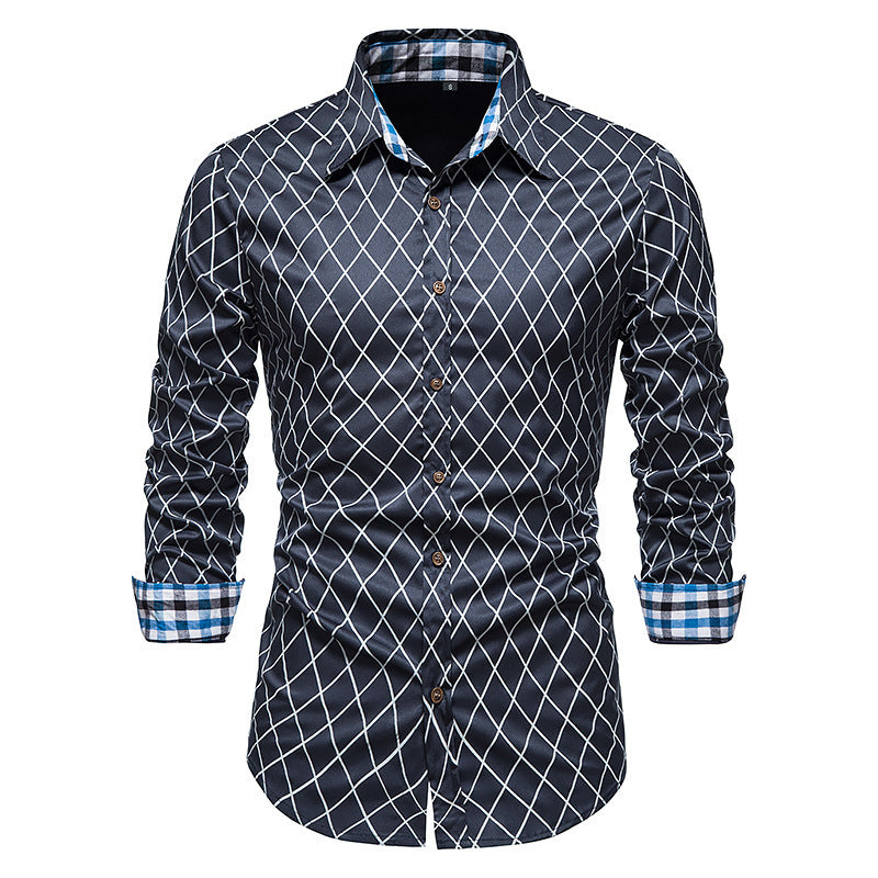 Men's Long-sleeved Diamond Check Button Shirt