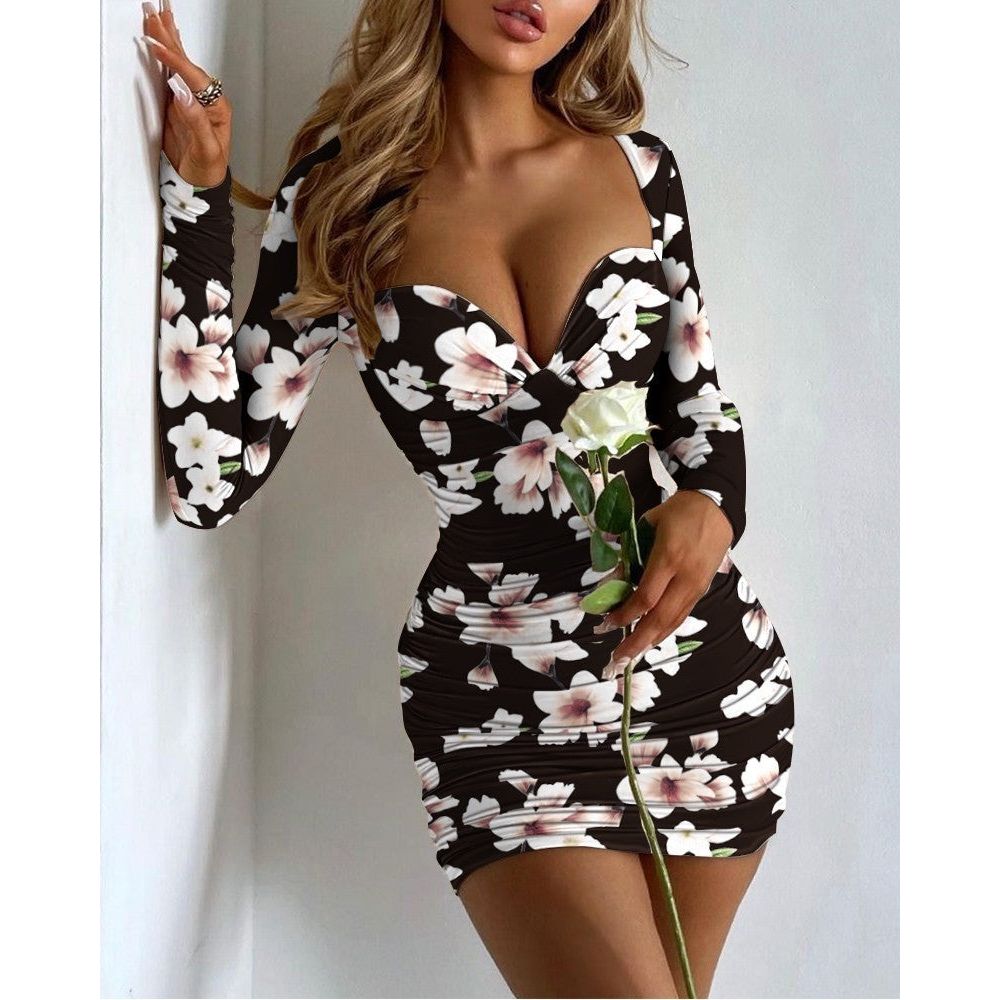 Long Sleeve Print Dresses Basic Bodycon Mini Dress