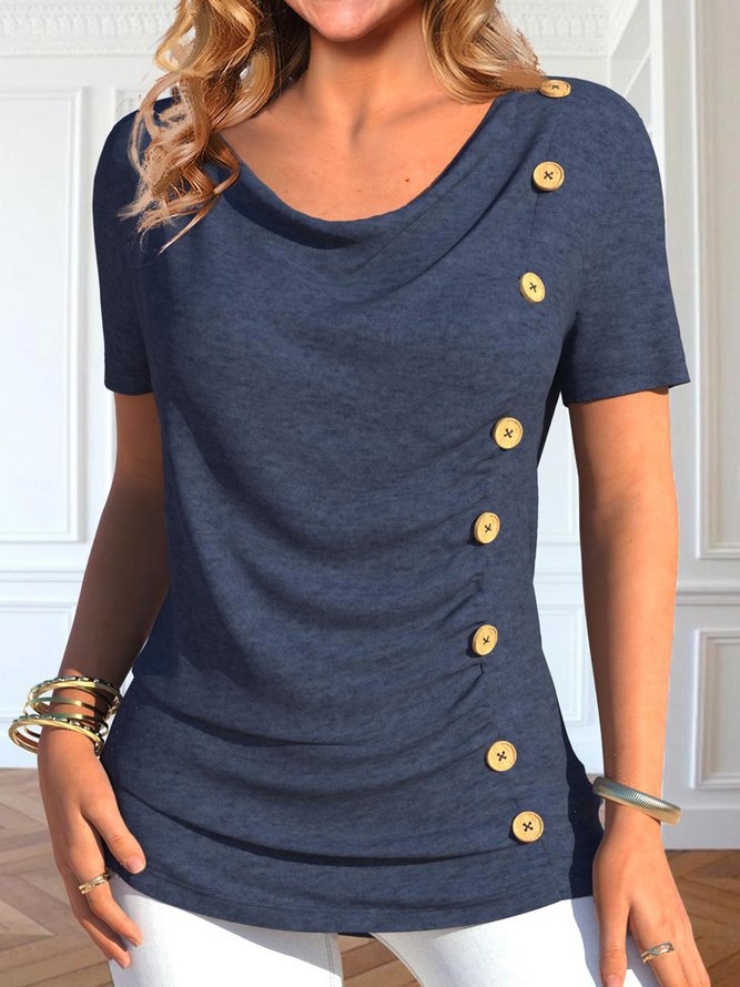 Leisure Short Sleeve Button Solid Color T-shirt